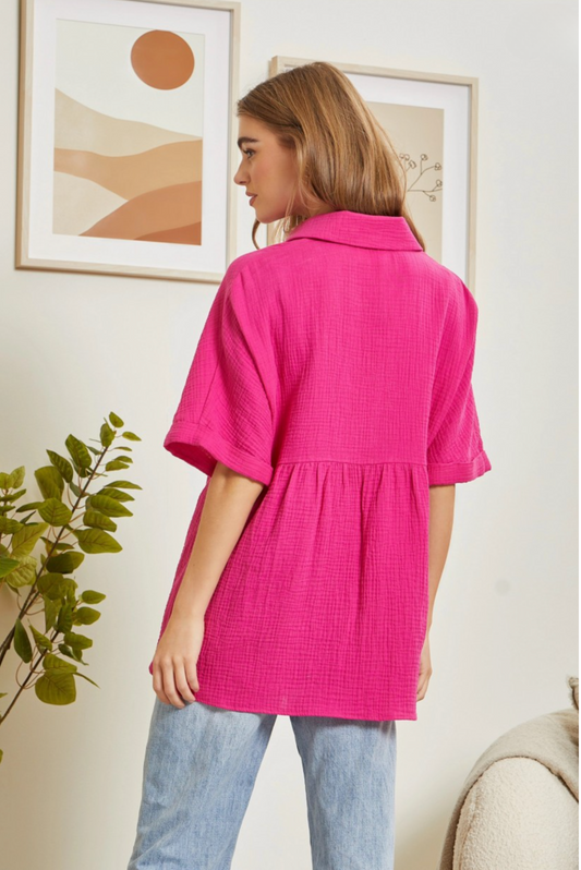 Button Down Baby Doll Top + Curvy | Hot Pink