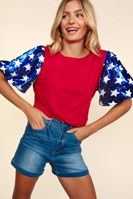 Star Sparkling Sequined Bubble Sleeve Top + Curvy | Red