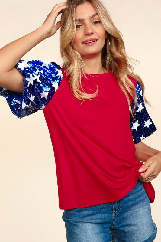 Star Sparkling Sequined Bubble Sleeve Top + Curvy | Red