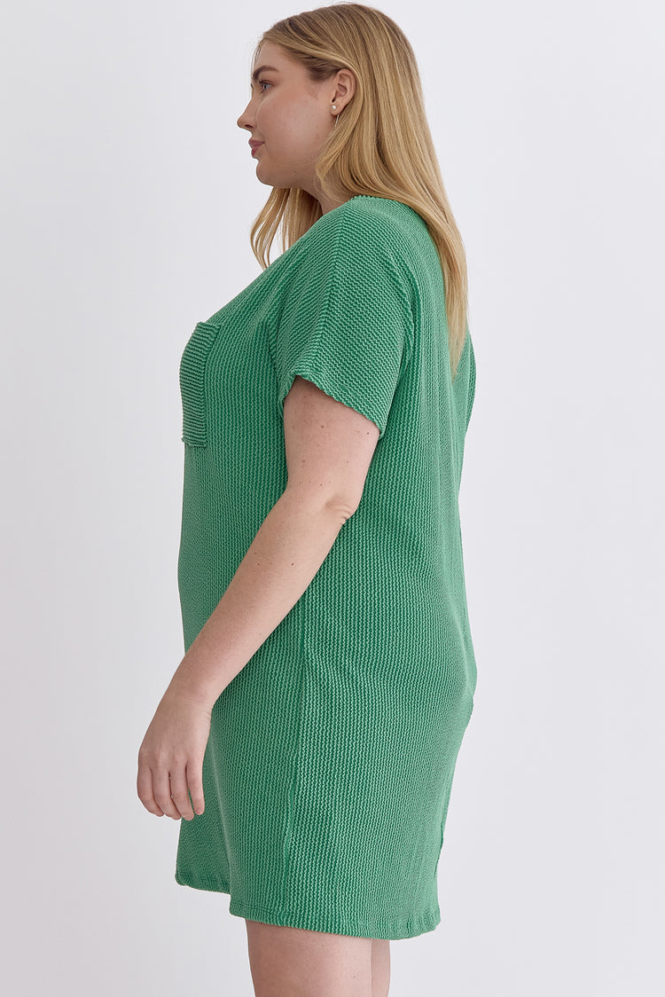 Ribbed Short Sleeve Dress with Pockets + Curvy | Kelly Green
