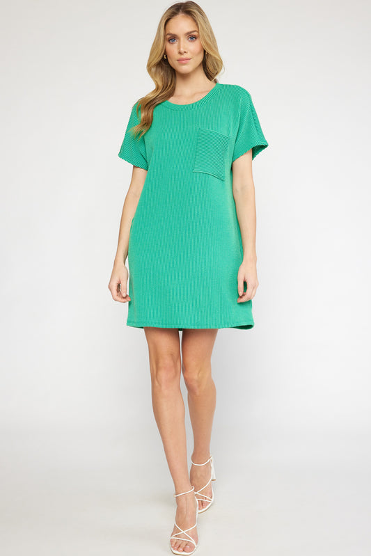 Ribbed Short Sleeve Dress with Pockets | Kelly Green