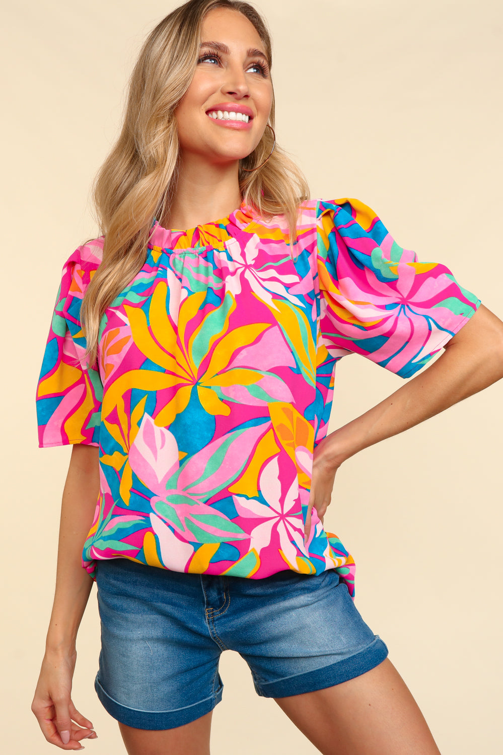 Floral Puff Sleeve Fuchsia Mix Top | The Freckled Ginger Co