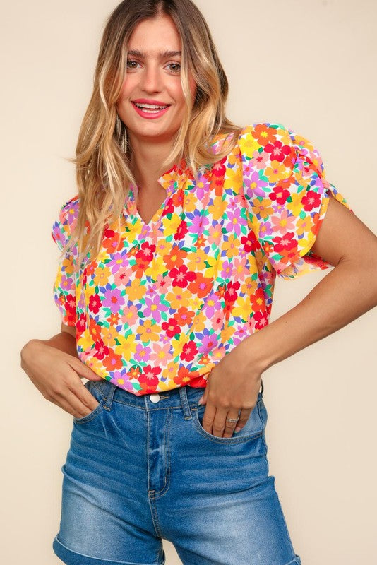 Floral Puff Sleeve Top| Yellow Mix