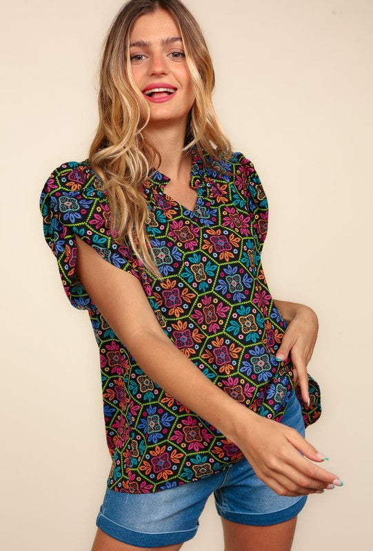 Multicolored Floral Lace Printed Top | Black