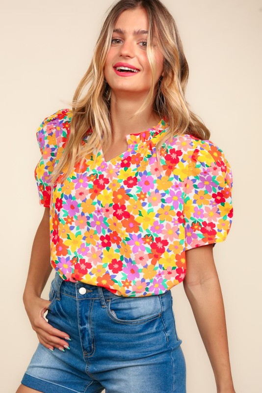 Floral Puff Sleeve Top| Yellow Mix