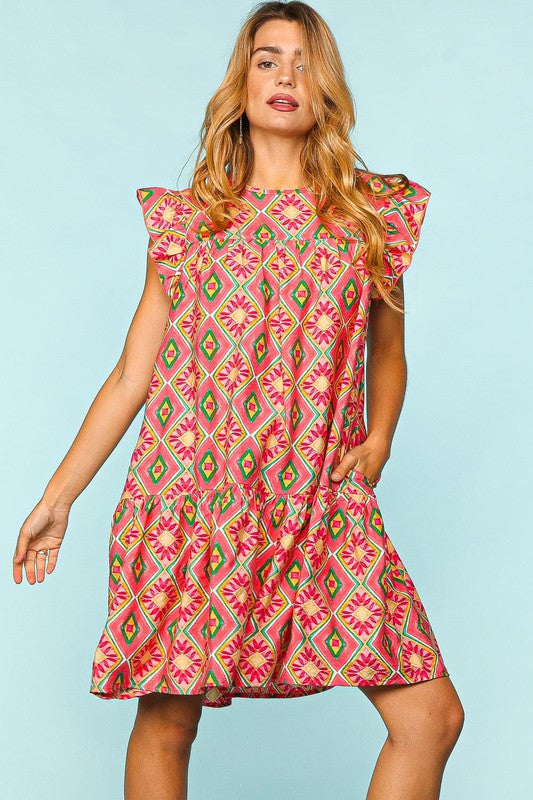 Bohemian Geometric Short Sleeve Dress w/ Side Pockets | Coral