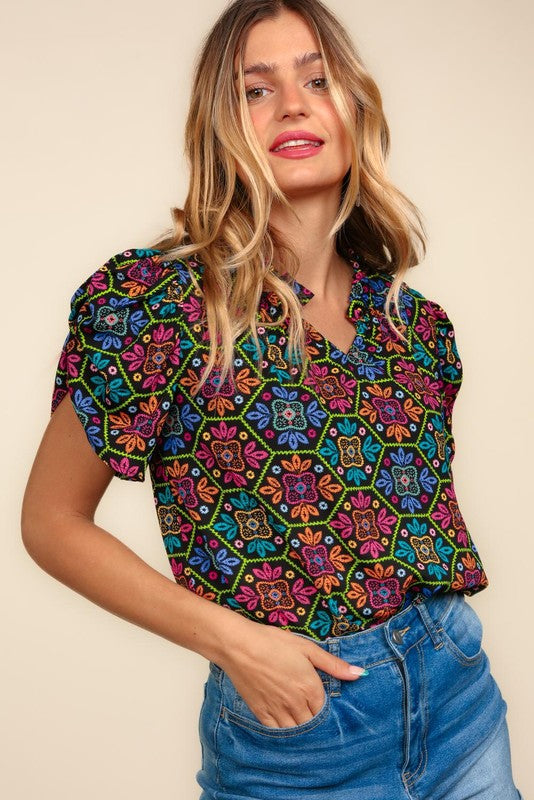 Multicolored Floral Lace Printed Top | Black