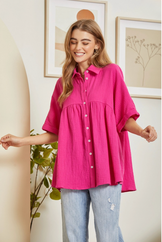 Button Down Baby Doll Top | Hot Pink