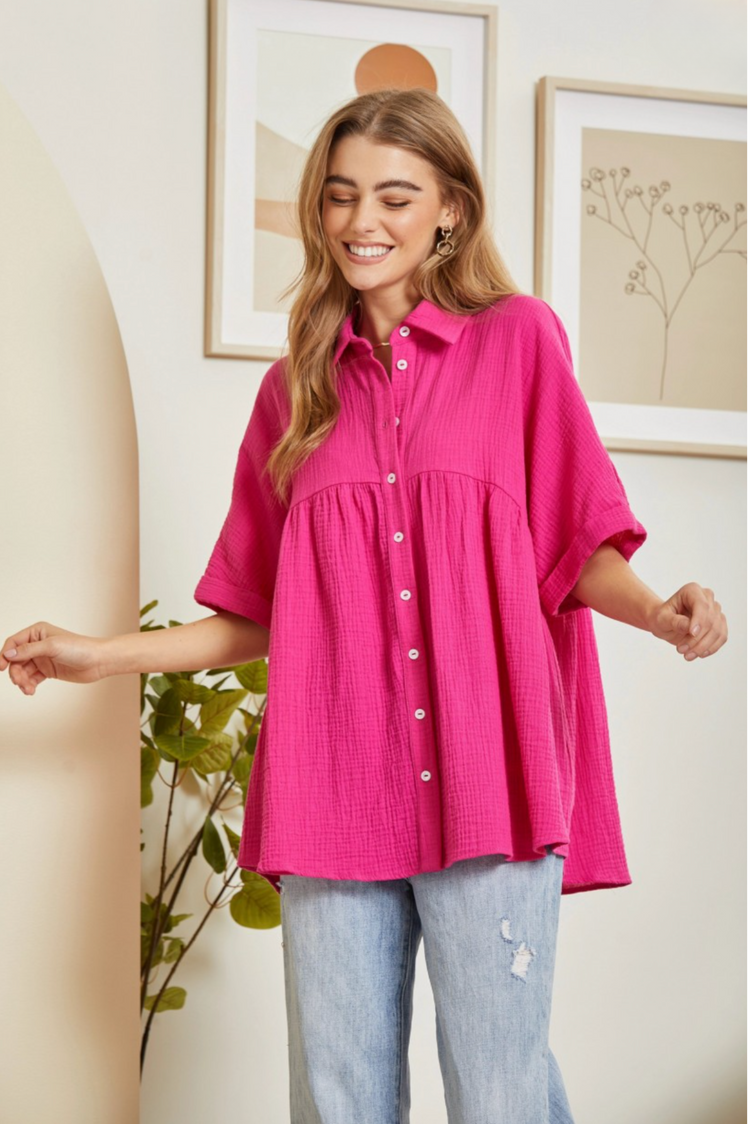 Button Down Baby Doll Top + Curvy | Hot Pink