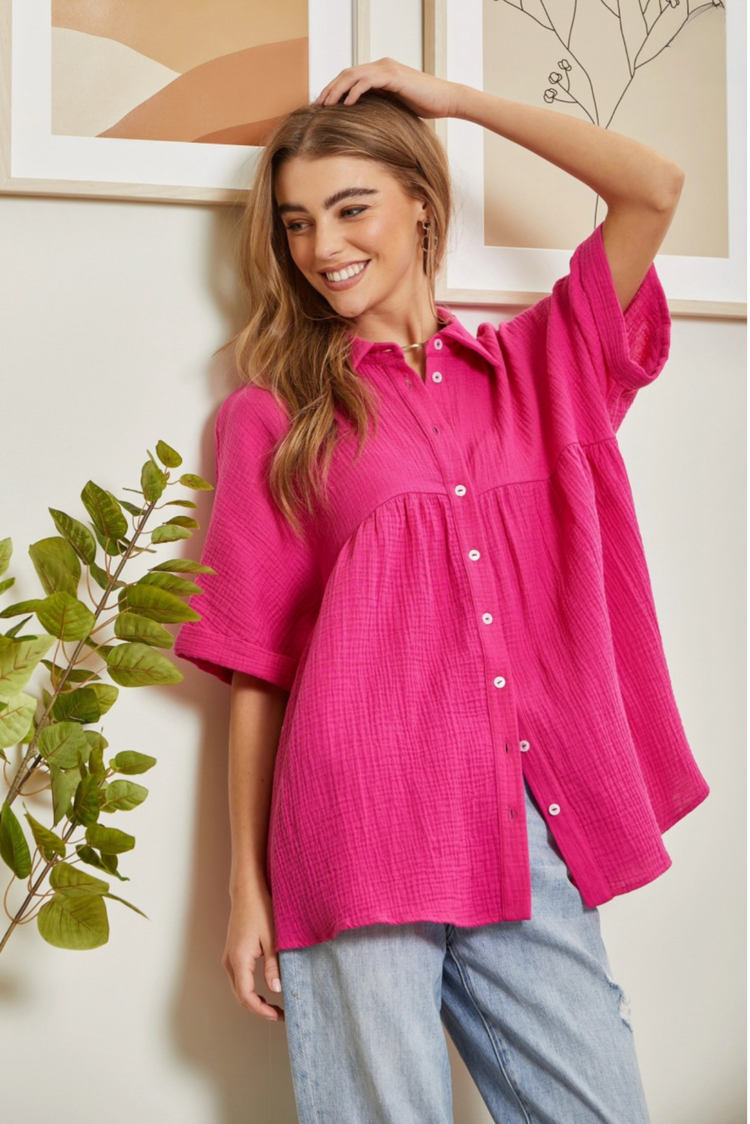 Button Down Baby Doll Top + Curvy | Hot Pink