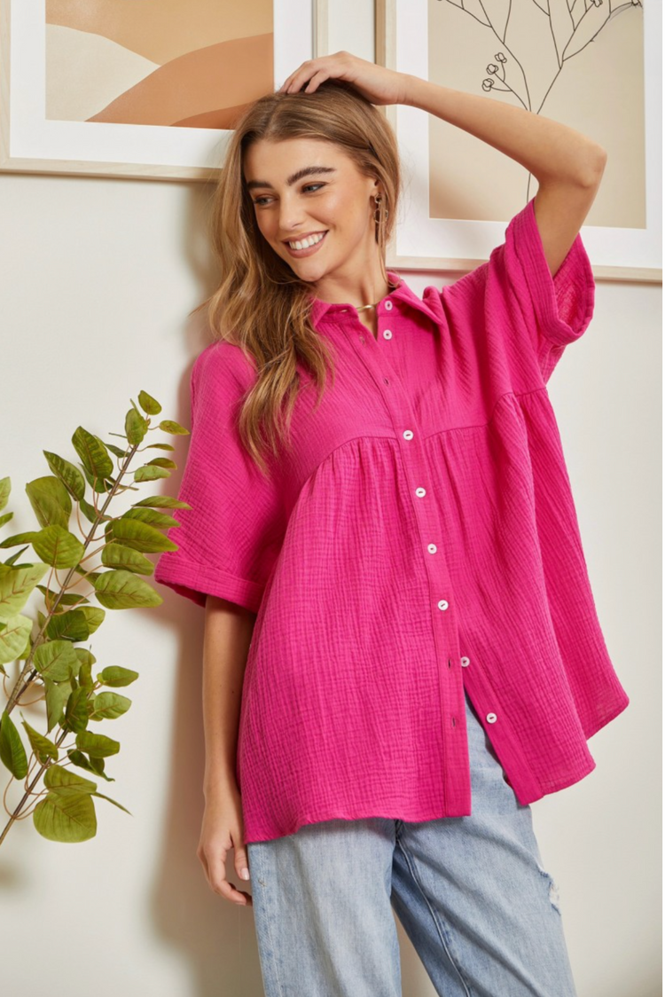 Button Down Baby Doll Top | Hot Pink