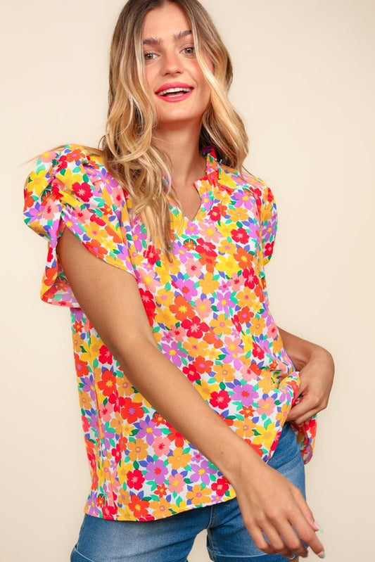 Floral Puff Sleeve Top| Yellow Mix