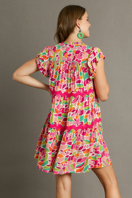 Abstract Tiered Dress w/ Trim | Rose