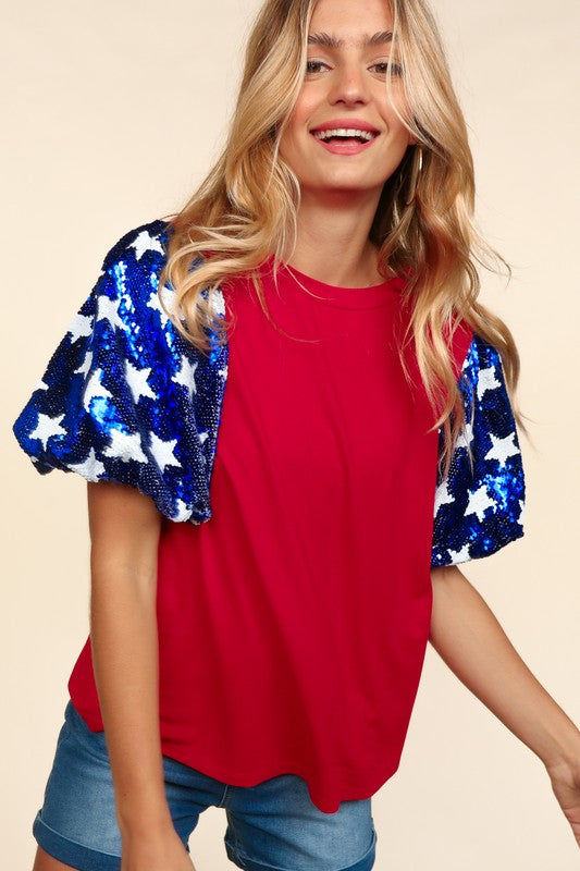 Star Sparkling Sequined Bubble Sleeve Top | Red