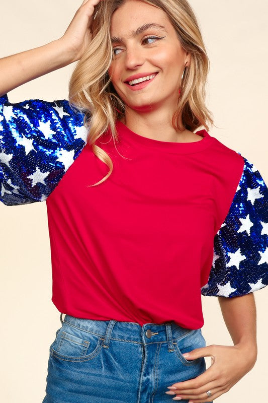 Star Sparkling Sequined Bubble Sleeve Top | Red