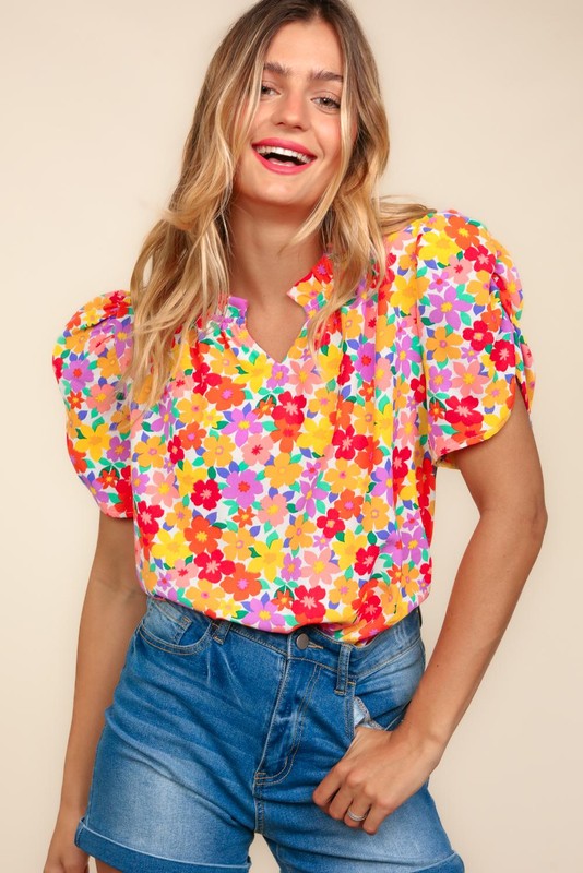 Floral Puff Sleeve Top| Yellow Mix