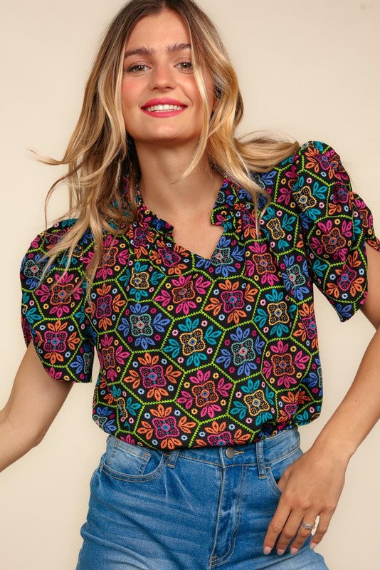 Multicolored Floral Lace Printed Top | Black