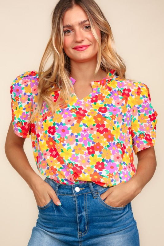 Floral Puff Sleeve Top| Yellow Mix