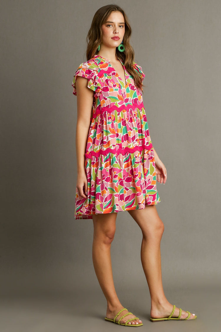 Abstract Tiered Dress w/ Trim | Rose