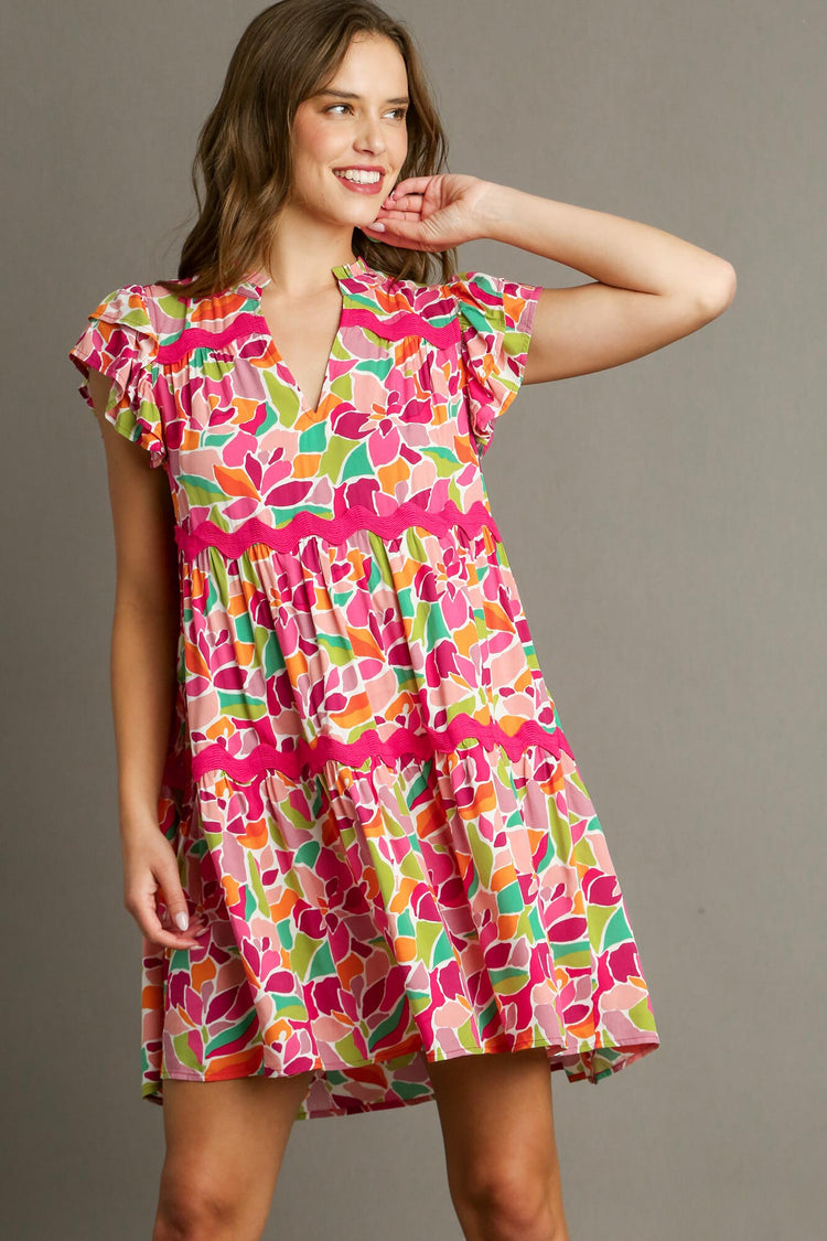 Abstract Tiered Dress w/ Trim | Rose