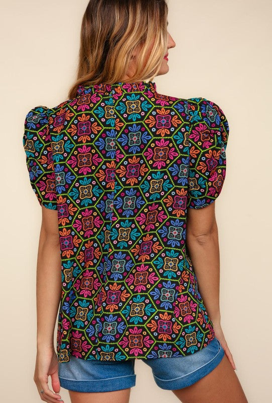 Multicolored Floral Lace Printed Top | Black