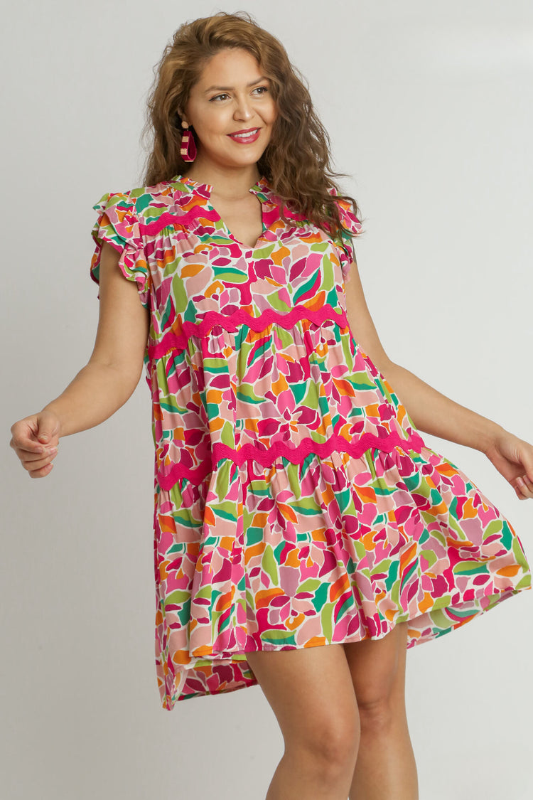 Abstract Tiered Dress w/ Trim | Rose