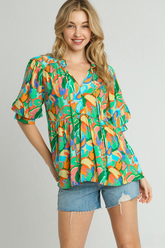 Colorful Abstract Baby Doll Top | Green Mix
