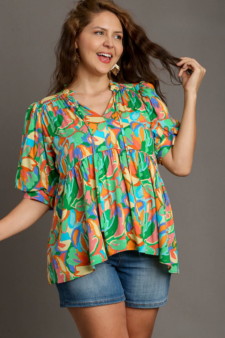 Colorful Abstract Baby Doll Top | Green Mix