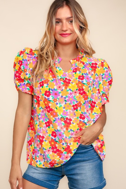 Floral Puff Sleeve Top| Yellow Mix