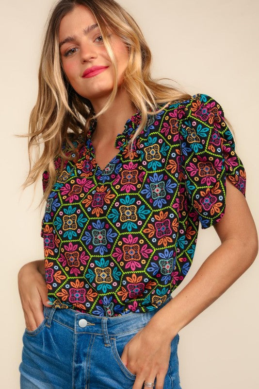 Multicolored Floral Lace Printed Top | Black