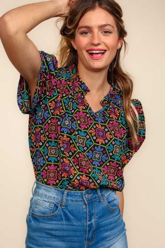 Multicolored Floral Lace Printed Top | Black