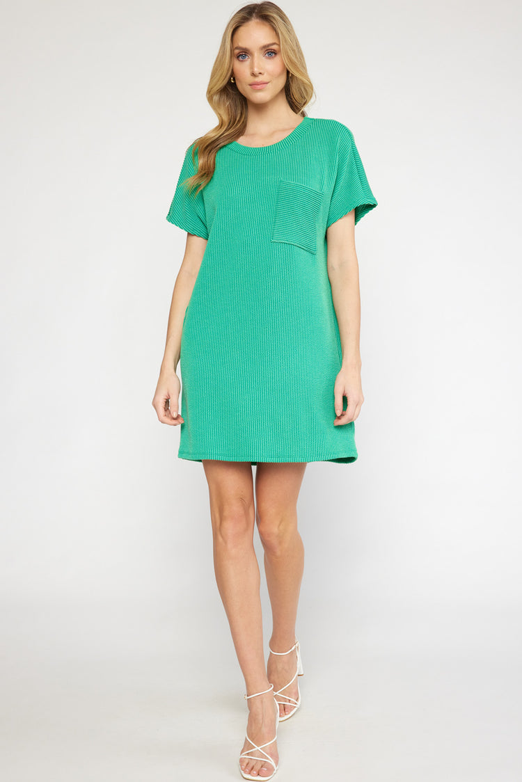 Ribbed Short Sleeve Dress with Pockets | Kelly Green