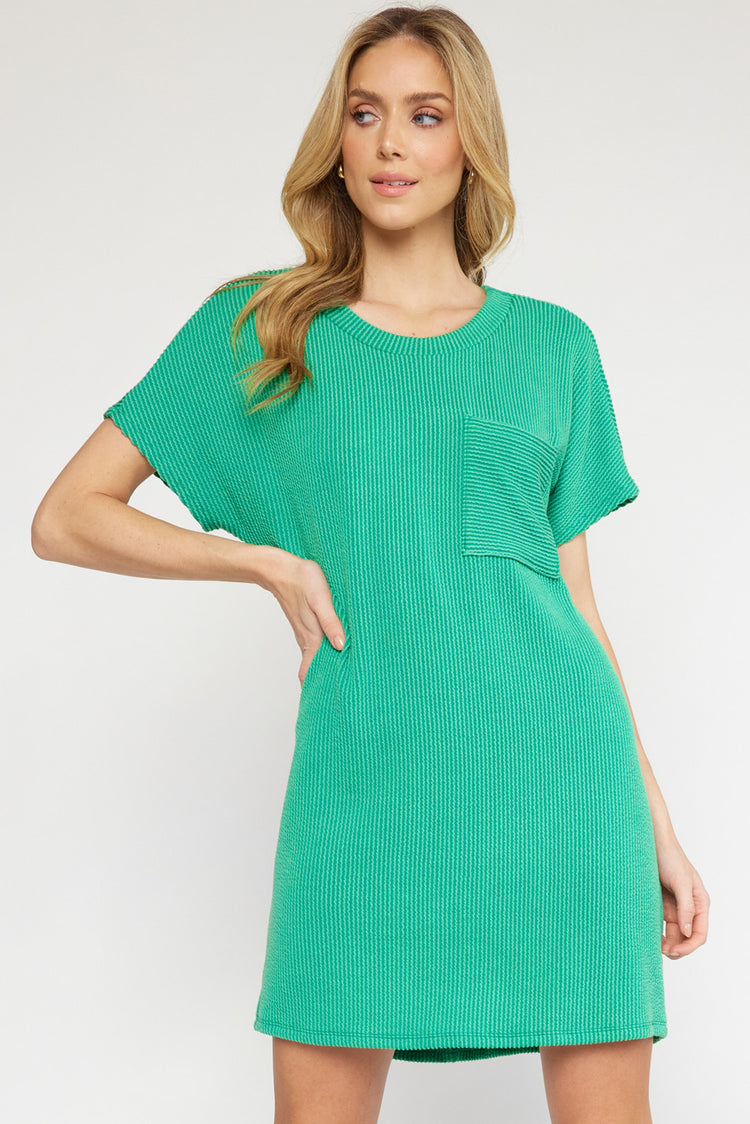 Ribbed Short Sleeve Dress with Pockets | Kelly Green