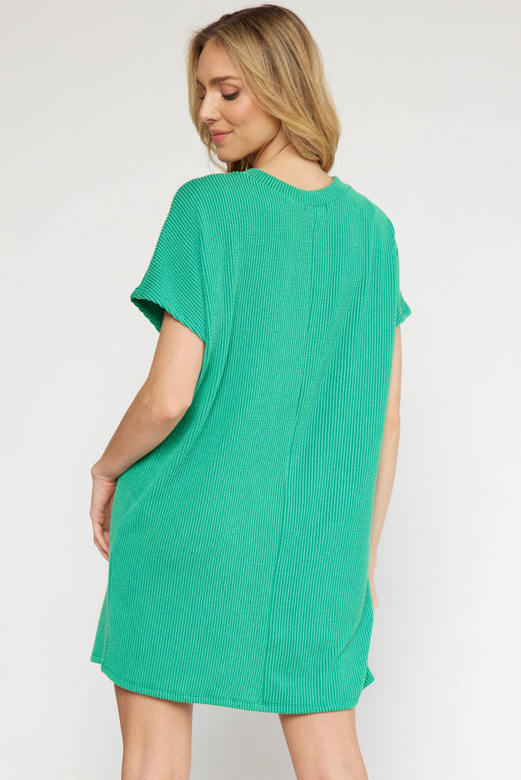 Ribbed Short Sleeve Dress with Pockets | Kelly Green