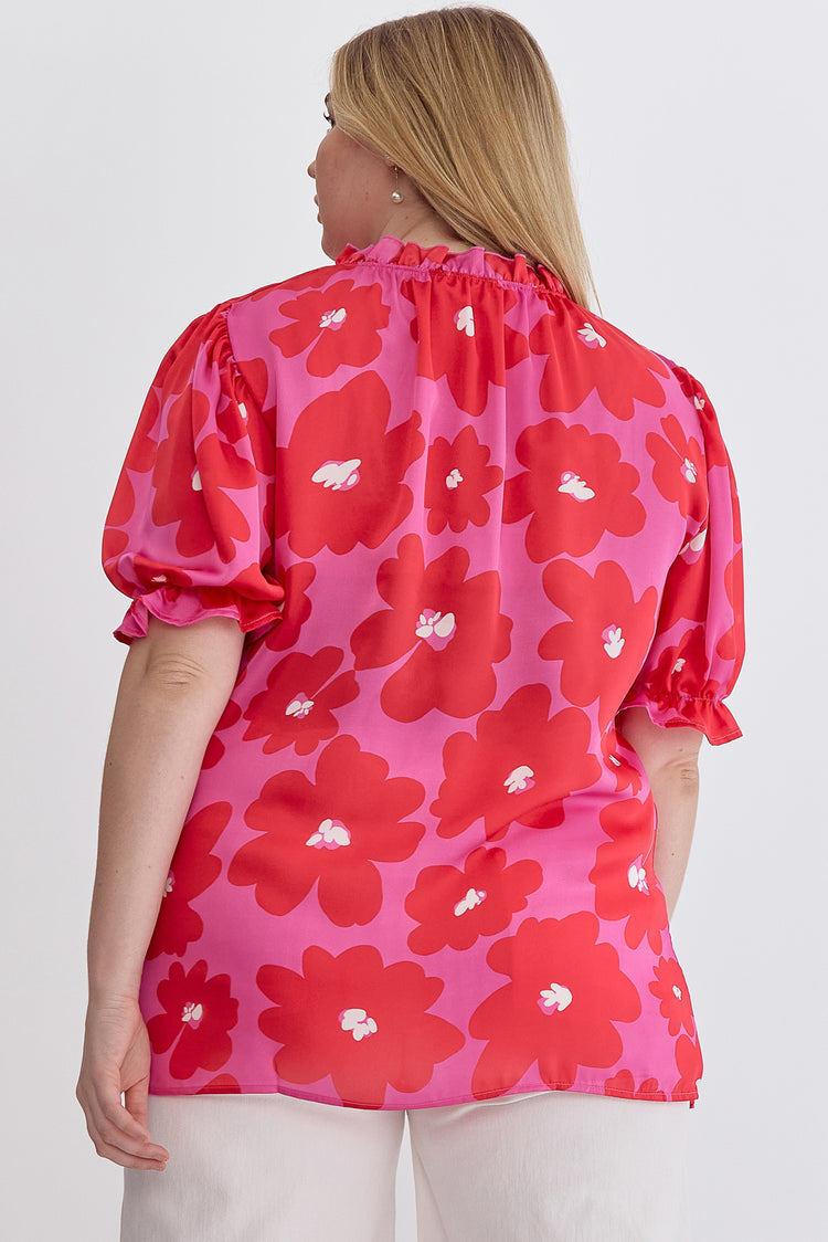 Floral Print Mock Neck Top + Curvy | Pink-Red