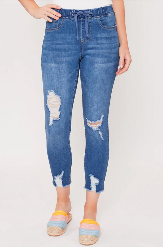 Distressed, High Rise Joggers | Medium Wash