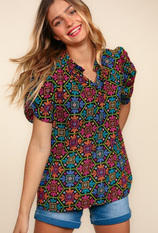 Multicolored Floral Lace Printed Top | Black