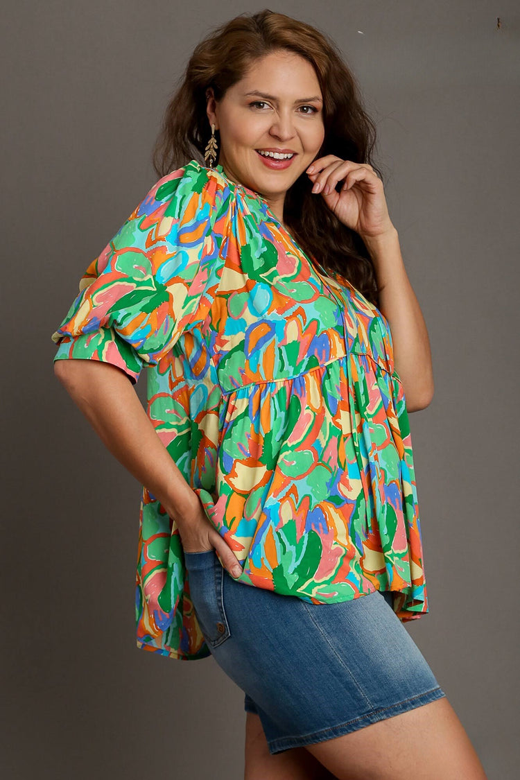 Colorful Abstract Baby Doll Top | Green Mix