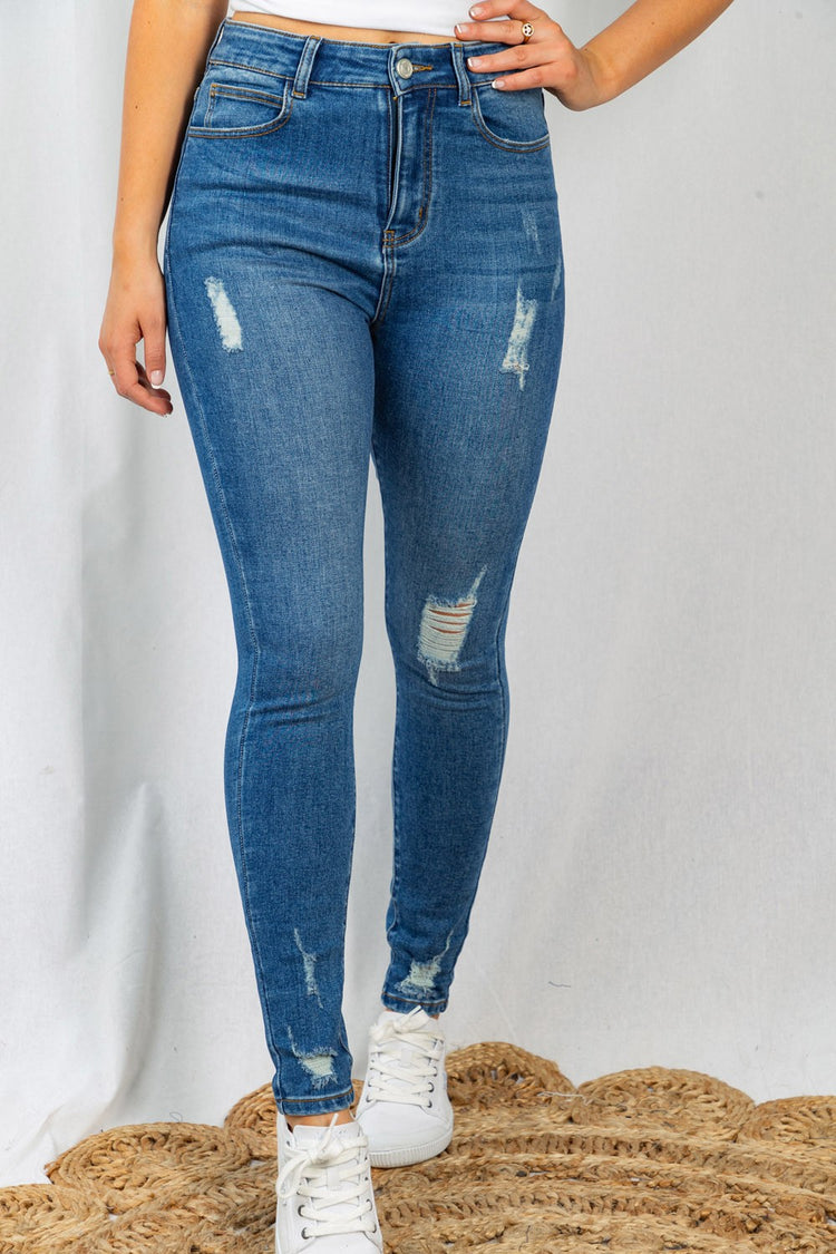 High Rise Distressed Skinny Jeans | Medium Blue