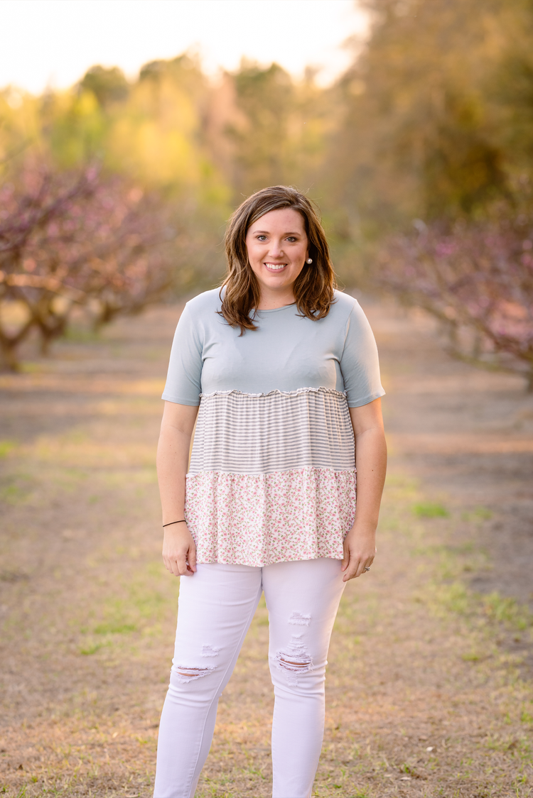 Floral Stripe Ruffle Top + Curvy | Dusty Mint