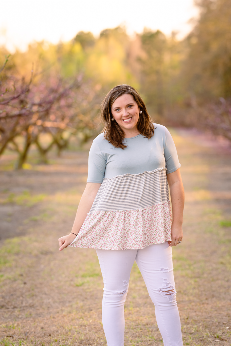 Floral Stripe Ruffle Top + Curvy | Dusty Mint