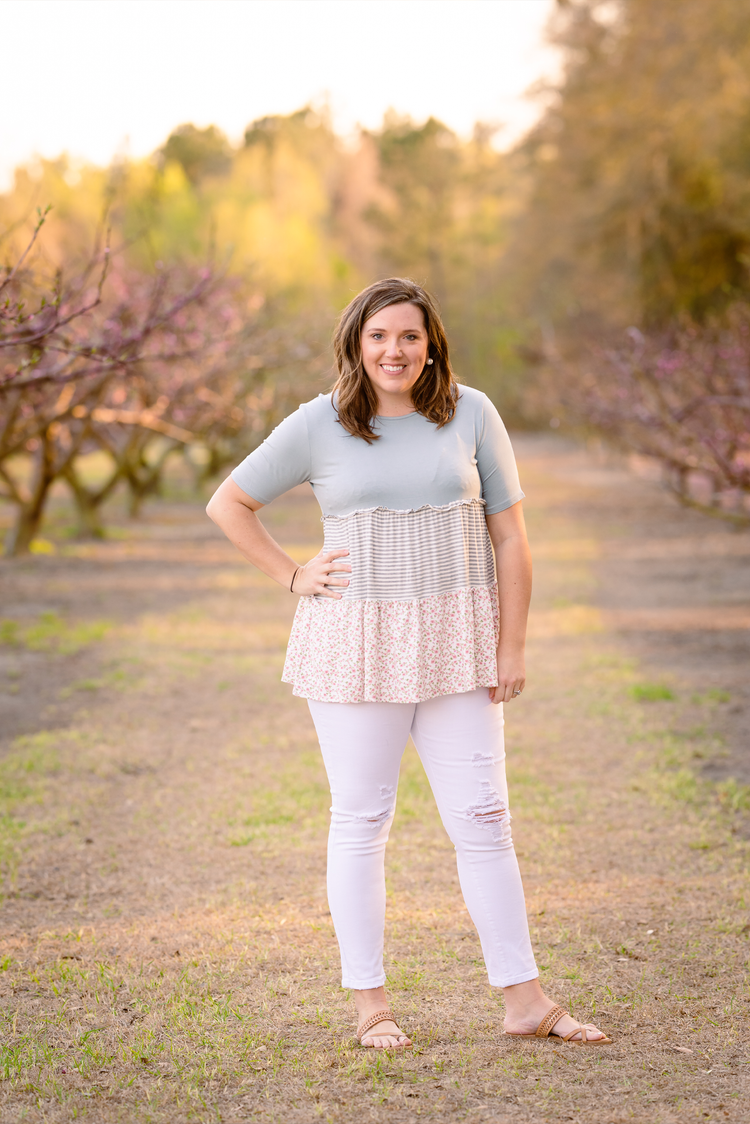 Floral Stripe Ruffle Top + Curvy | Dusty Mint