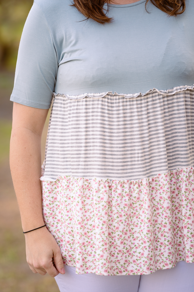 Floral Stripe Ruffle Top + Curvy | Dusty Mint