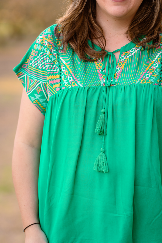 Embroidered Detail Top + Curvy | Emerald