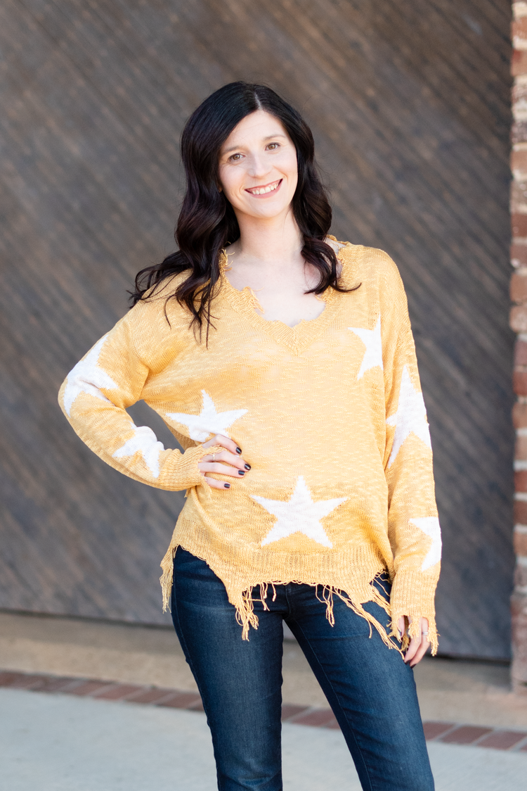 Gold Star Distressed Yellow Sweater Top Grace Glamour Boutique
