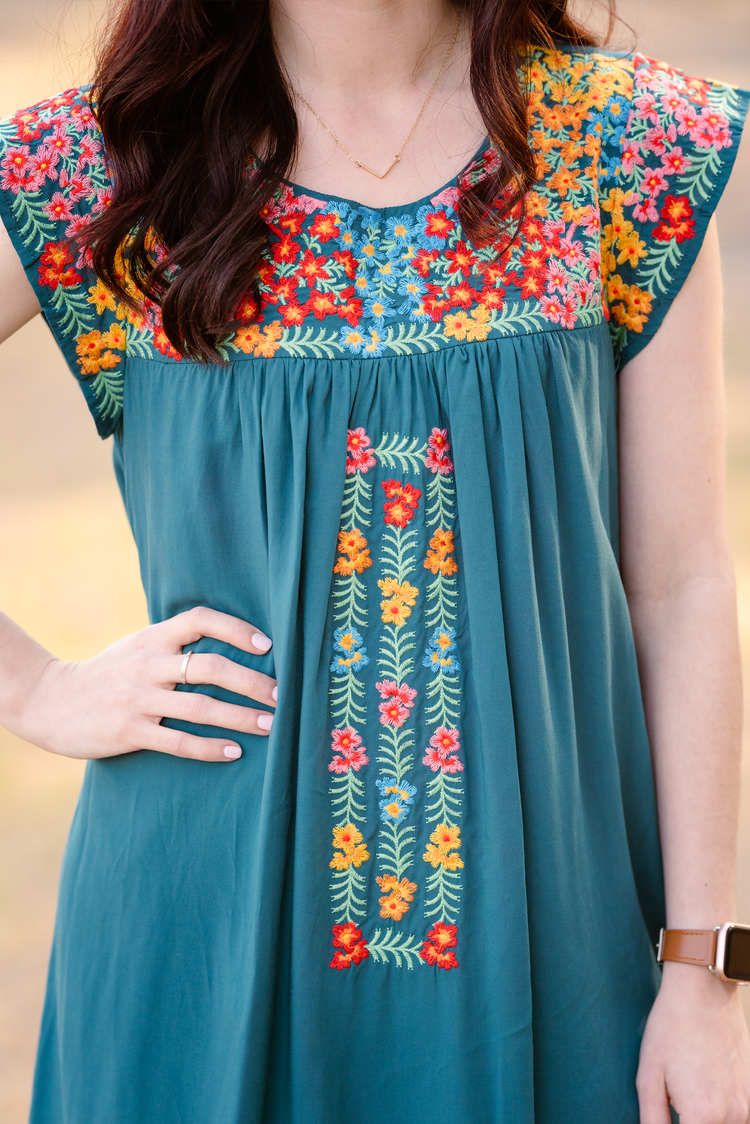 Embroidered Detail Babydoll Bodice Dress | Teal