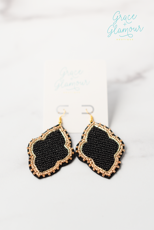 Trimmed In Gold Seed Bead Earrings | Black